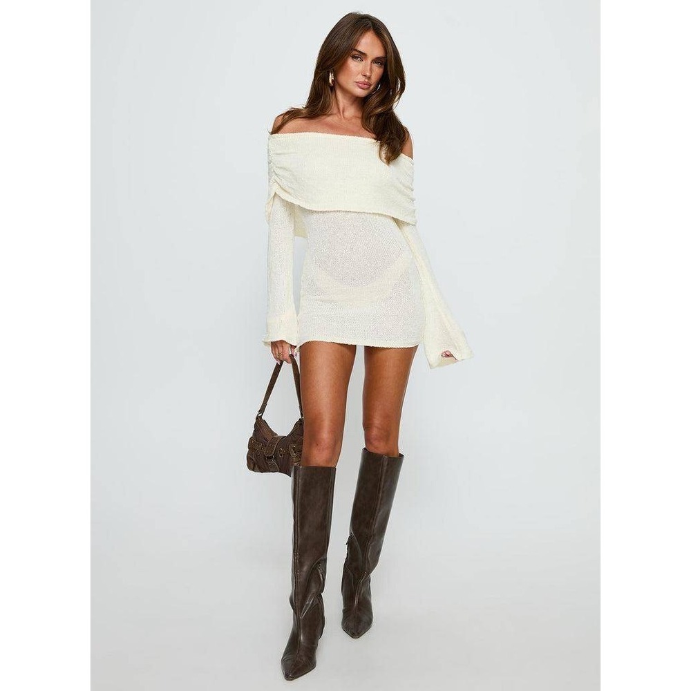Princess Polly Chanellie Knit Mini Dress S Cream Off Shoulder Flare Semi Sheer
